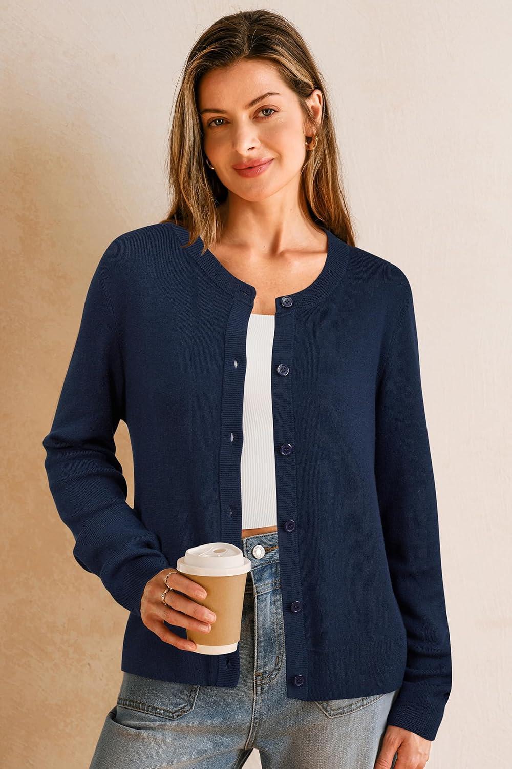 imageArachampampCloz Womens Wool Blended 2025 Fall Cardigan Sweaters Lightweight Long Sleeve Business Casual Outfits TopNavy