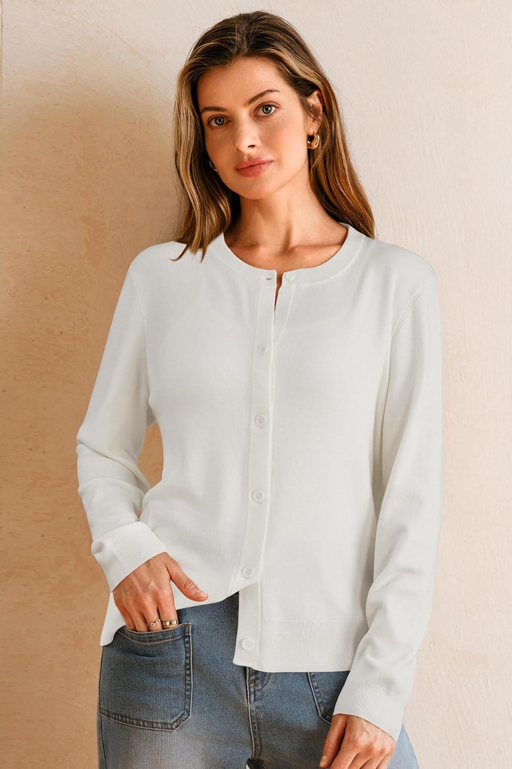 imageArachampampCloz Womens Wool Blended 2025 Fall Cardigan Sweaters Lightweight Long Sleeve Business Casual Outfits TopOffwhite