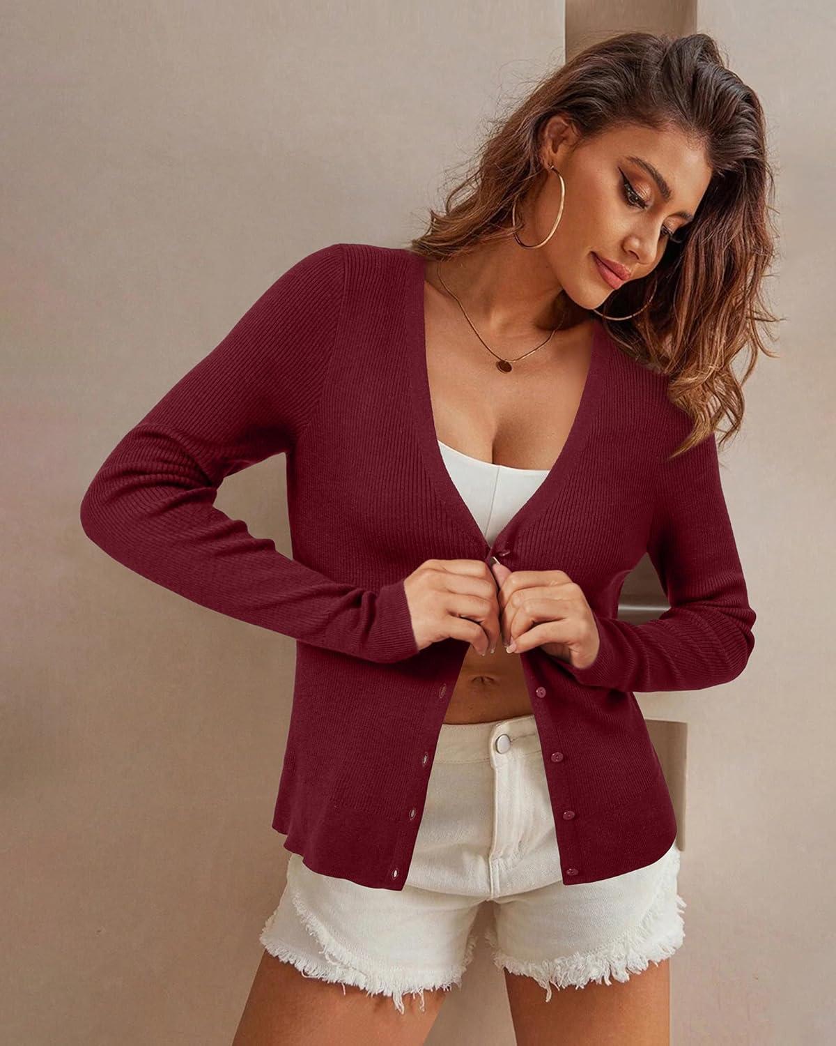 imageArachampampCloz Womens Wool Blended Ribbed Cardigan Lightweight Long Sleeve Sweater 2025 Spring Fashion Button Down Knit TopRed