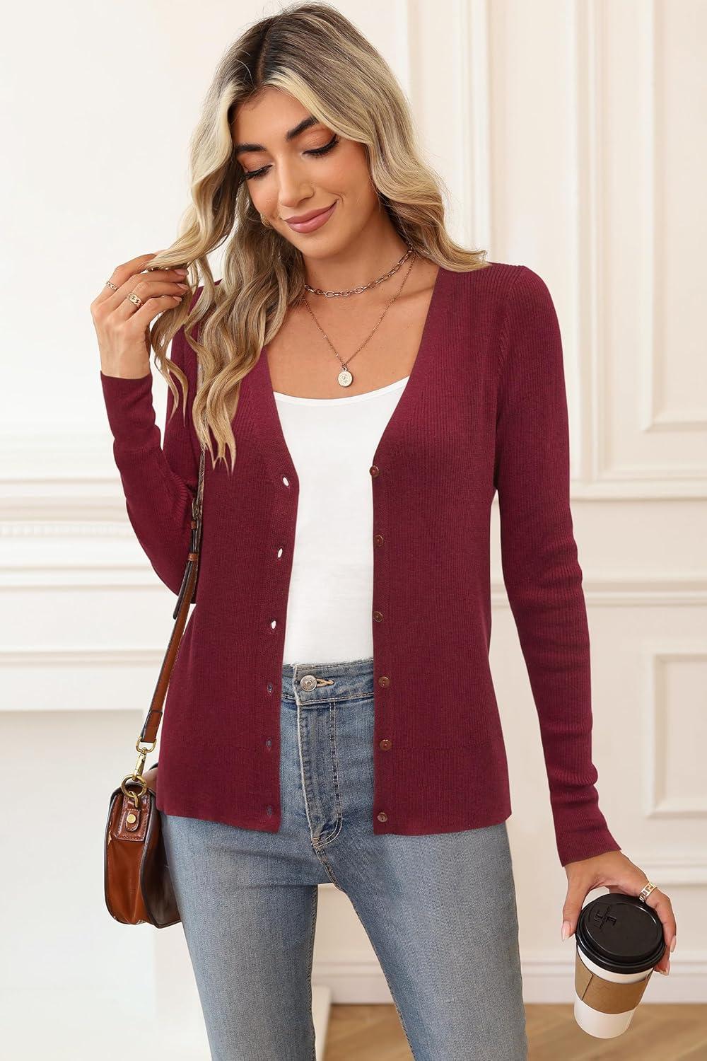 imageArachampampCloz Womens Wool Blended Ribbed Cardigan Lightweight Long Sleeve Sweater 2025 Spring Fashion Button Down Knit TopRed