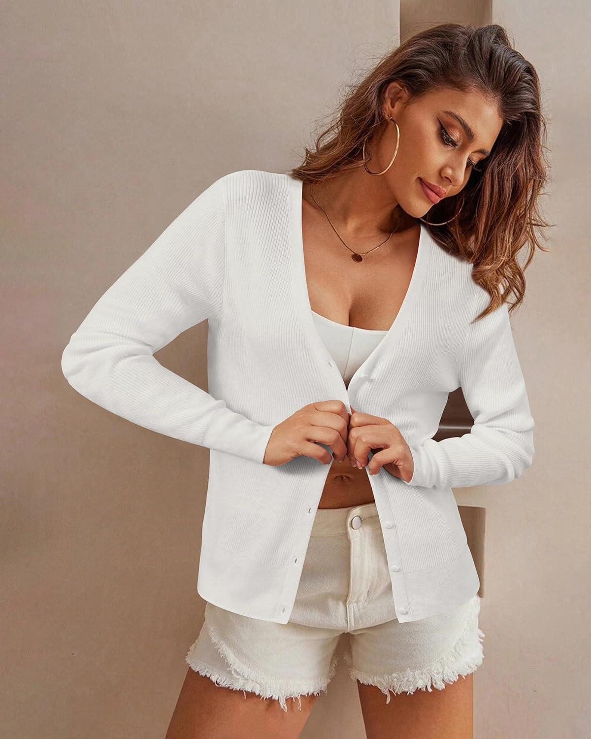 imageArachampampCloz Womens Wool Blended Ribbed Cardigan Lightweight Long Sleeve Sweater 2025 Spring Fashion Button Down Knit TopWhite