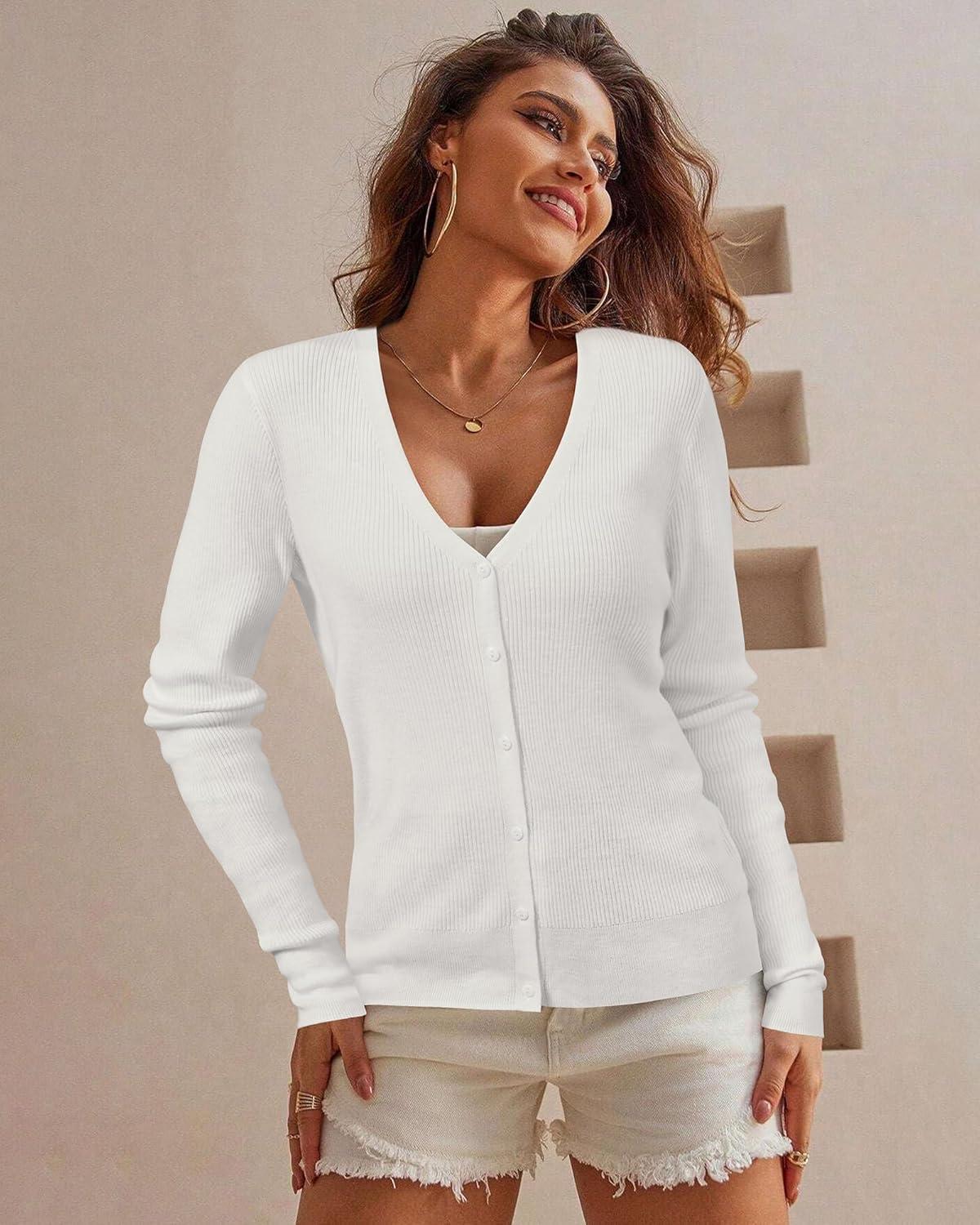 imageArachampampCloz Womens Wool Blended Ribbed Cardigan Lightweight Long Sleeve Sweater 2025 Spring Fashion Button Down Knit TopWhite