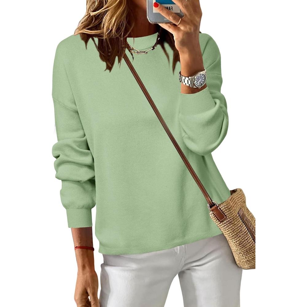imageArachampampCloz Womens 100 Cotton Crew Neck Fall Casual Relaxed Fit Sweater Tops 2025Sage Green