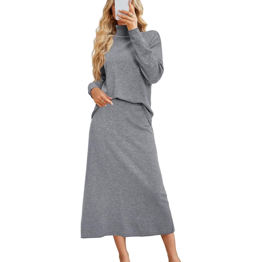 imageArachampampCloz Womens 2 Piece Sweaters Sets Turtleneck Long Sleeve Tops Long Maxi Skirt Casual Fall Fashion 2024 OutfitsGrey