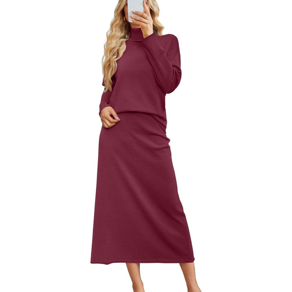 imageArachampampCloz Womens 2 Piece Sweaters Sets Turtleneck Long Sleeve Tops Long Maxi Skirt Casual Fall Fashion 2024 OutfitsWine