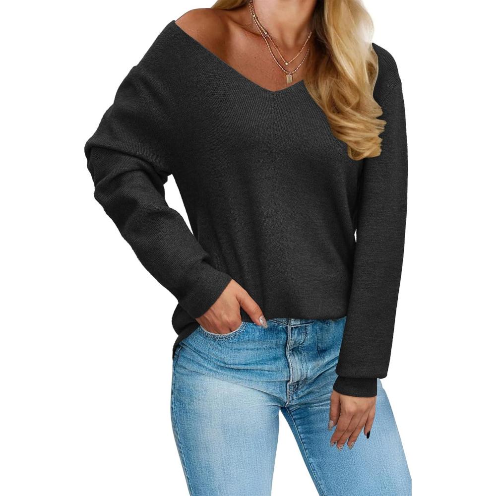 imageArachampampCloz Womens 2024 Fall Long Sleeve V Neck Off Shoulder Tops Knit Pullover Sweater Loose Casual ClothesBlack