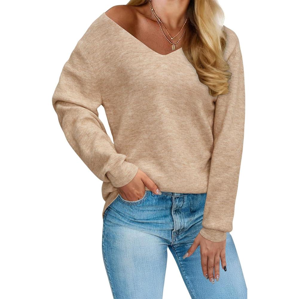 imageArachampampCloz Womens 2024 Fall Long Sleeve V Neck Off Shoulder Tops Knit Pullover Sweater Loose Casual ClothesCamel