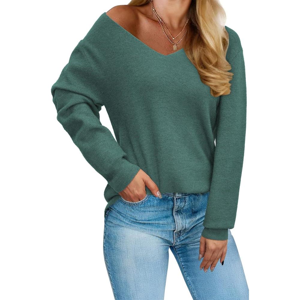 imageArachampampCloz Womens 2024 Fall Long Sleeve V Neck Off Shoulder Tops Knit Pullover Sweater Loose Casual ClothesGreen