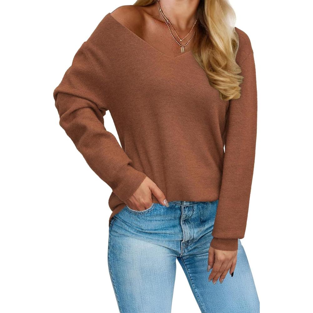 imageArachampampCloz Womens 2024 Fall Long Sleeve V Neck Off Shoulder Tops Knit Pullover Sweater Loose Casual ClothesRust