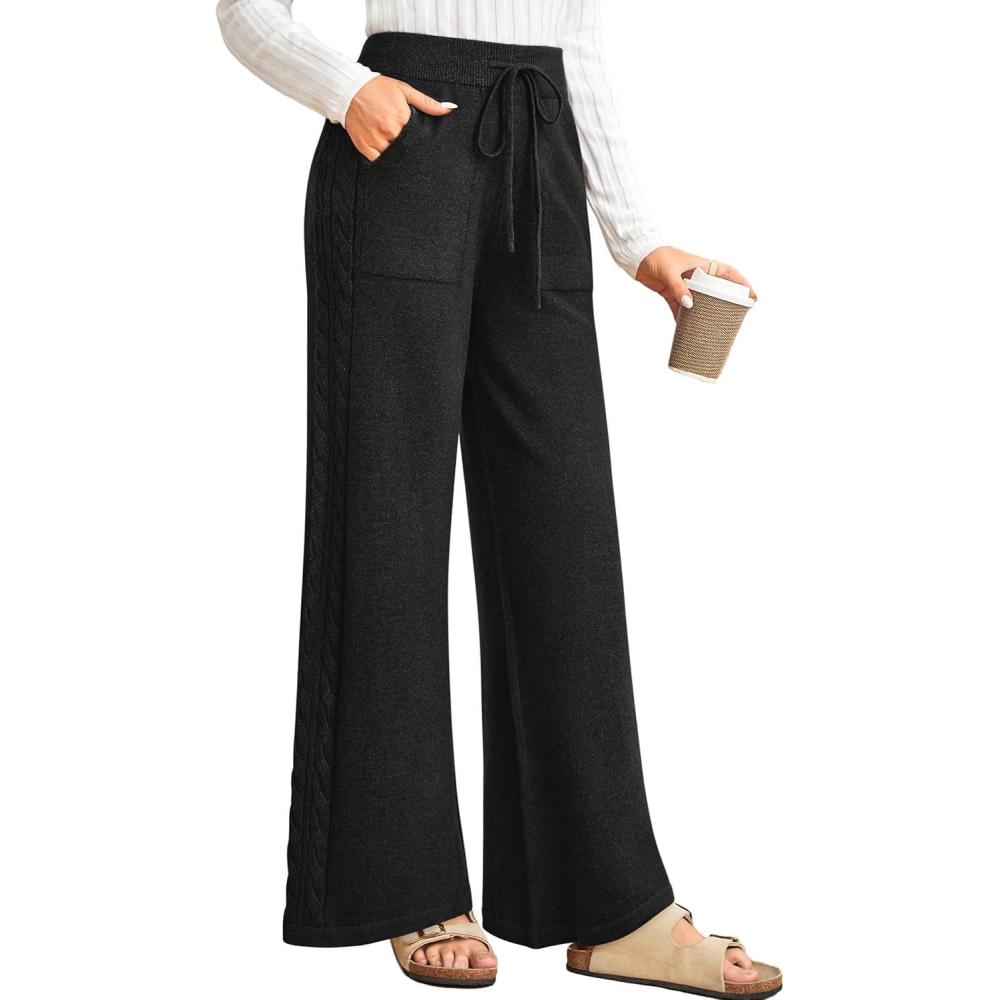 imageArachampampCloz Womens 2025 Spring Sweater Pants Wide Leg Elastic High Waist Cute Casual Flowy Lounge Winter Knit Trousers PocketsBlack