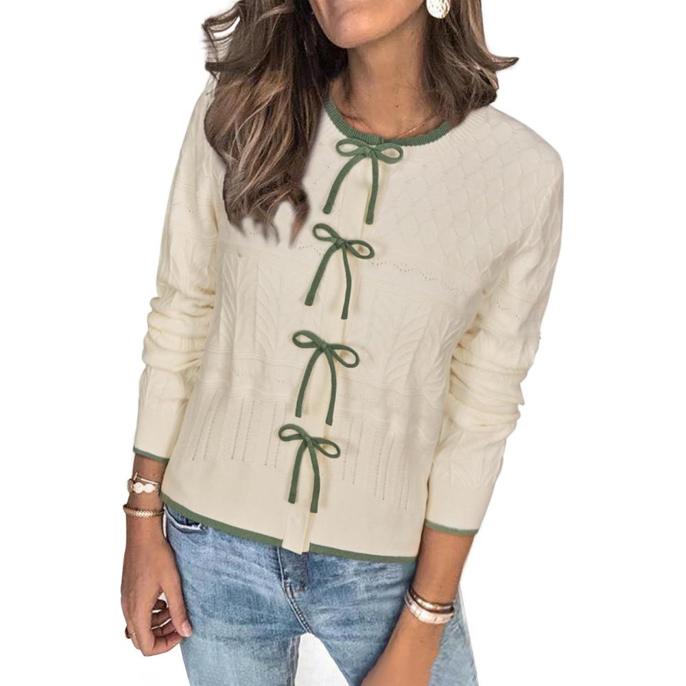 imageArachampampCloz Womens Bow Sweaters Fall Color Block Casual Cardigan Sweaters 2025Offwhiteavocado Green
