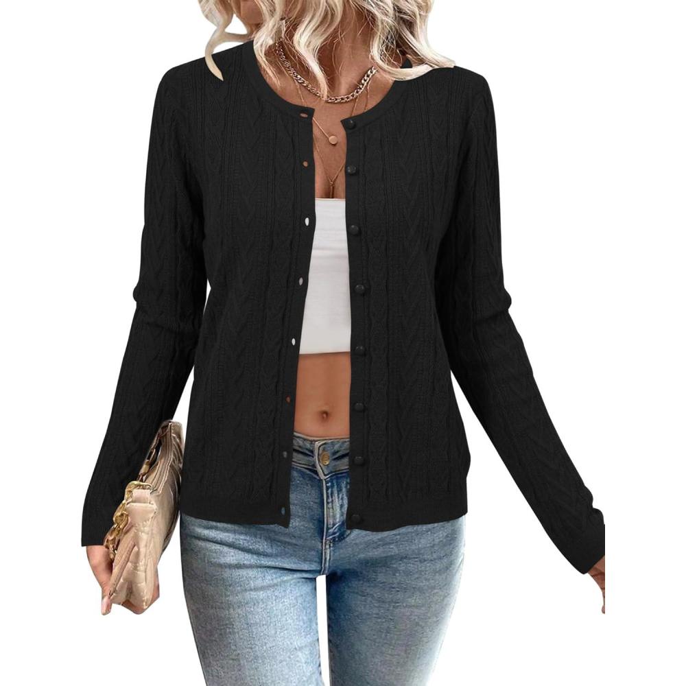 imageArachampampCloz Womens Cable Knit Fall Soft Lightweight Sweater Cardigans 2025Black