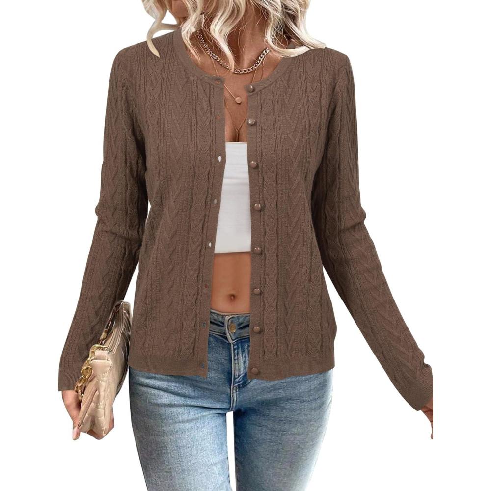imageArachampampCloz Womens Cable Knit Fall Soft Lightweight Sweater Cardigans 2025Coffee