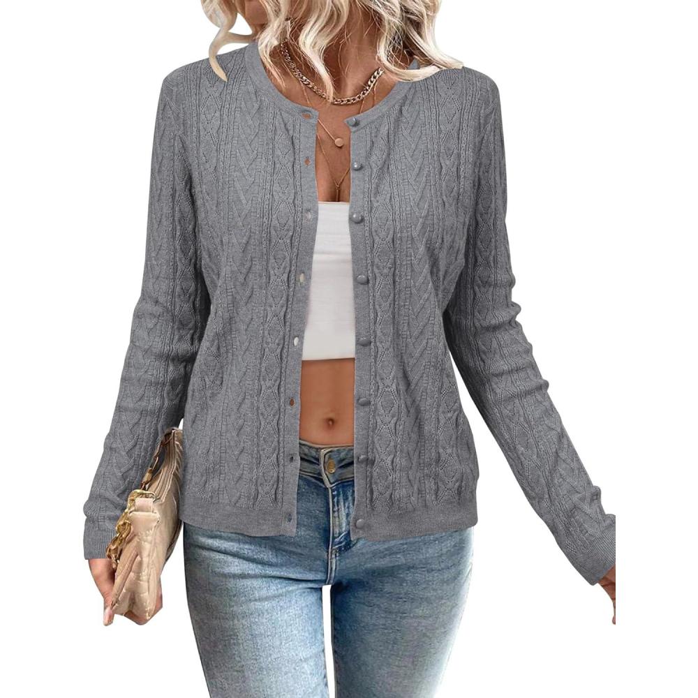 imageArachampampCloz Womens Cable Knit Fall Soft Lightweight Sweater Cardigans 2025Grey Heather