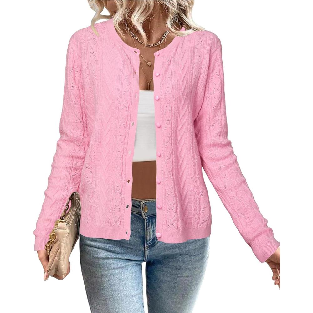 imageArachampampCloz Womens Cable Knit Fall Soft Lightweight Sweater Cardigans 2025Pink