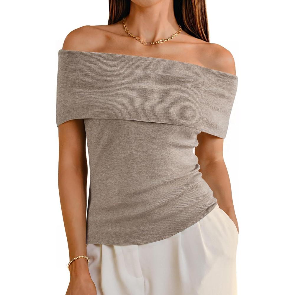 imageArachampampCloz Womens Convertible Neckline OffShoulder Cowl Neck Slim Fit Tops 2025Camel