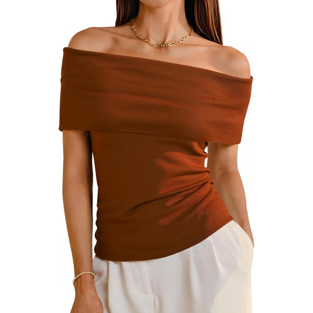 imageArachampampCloz Womens Convertible Neckline OffShoulder Cowl Neck Slim Fit Tops 2025Caramel