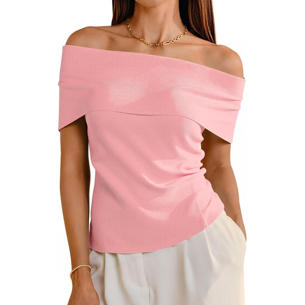 imageArachampampCloz Womens Convertible Neckline OffShoulder Cowl Neck Slim Fit Tops 2025Pink