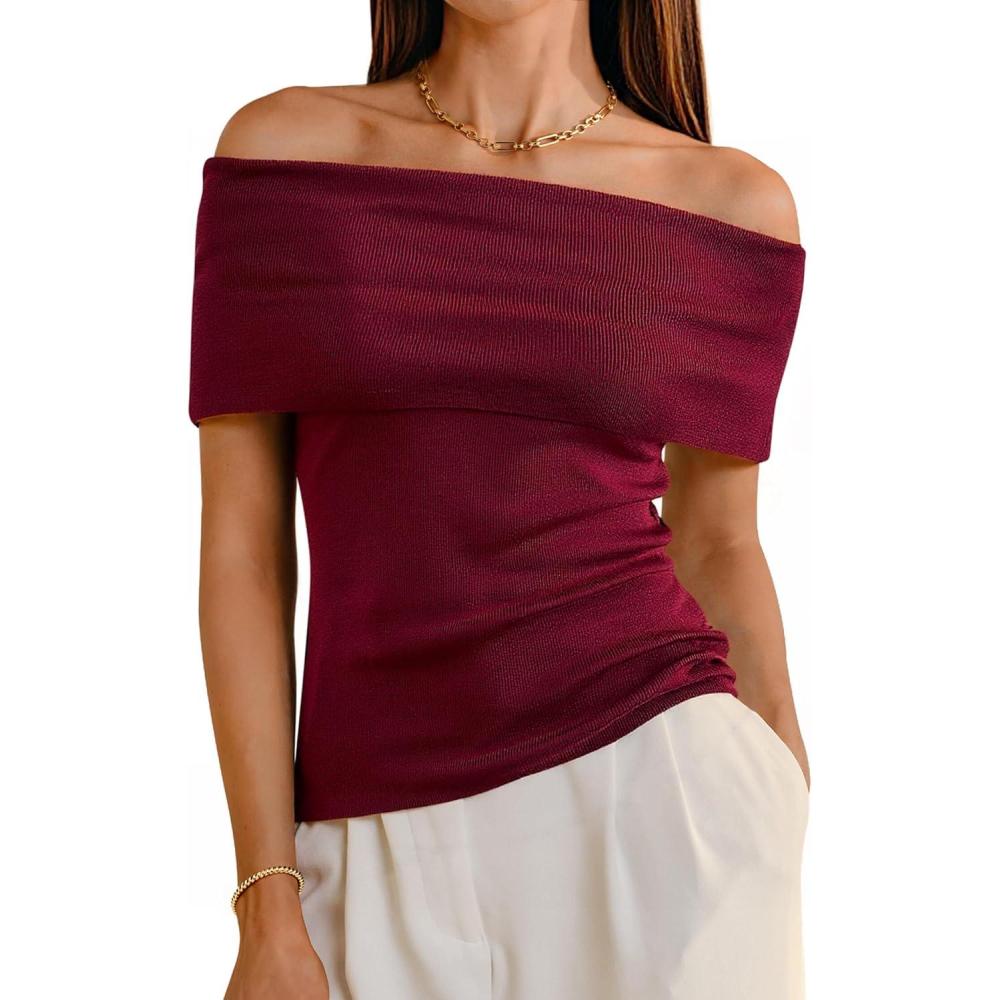 imageArachampampCloz Womens Convertible Neckline OffShoulder Cowl Neck Slim Fit Tops 2025Wine Red