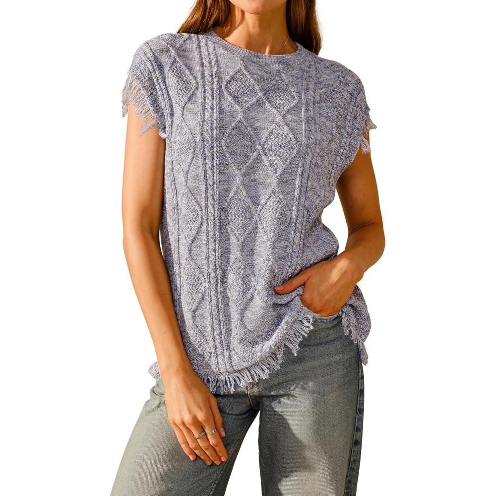 imageArachampampCloz Womens Cozy Cotton Fringe Cable Knit Western Outfits Fall Sweater Vests 2025Blue Heather