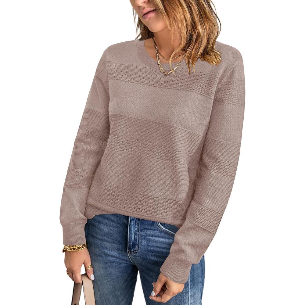 imageArachampampCloz Womens Fall Sweaters 2024 Crochet Crew Neck Long Sleeve Knit Tops Pullover Fashion Clothes OutfitsNutmeg