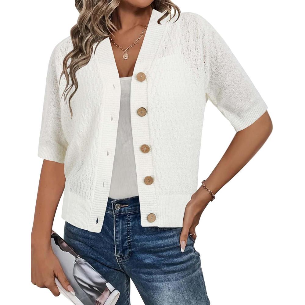 imageArachampampCloz Womens Lightweight Cardigan Short Sleeve Shrugs Button Crochet Knit Fashion Sweaters Tops Cozy CloudsBeige