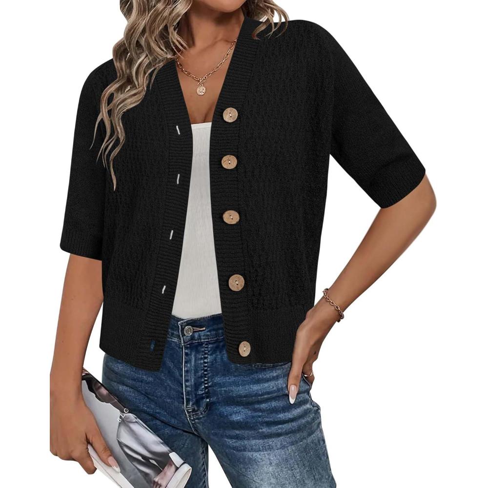 imageArachampampCloz Womens Lightweight Cardigan Short Sleeve Shrugs Button Crochet Knit Fashion Sweaters Tops Cozy CloudsBlack