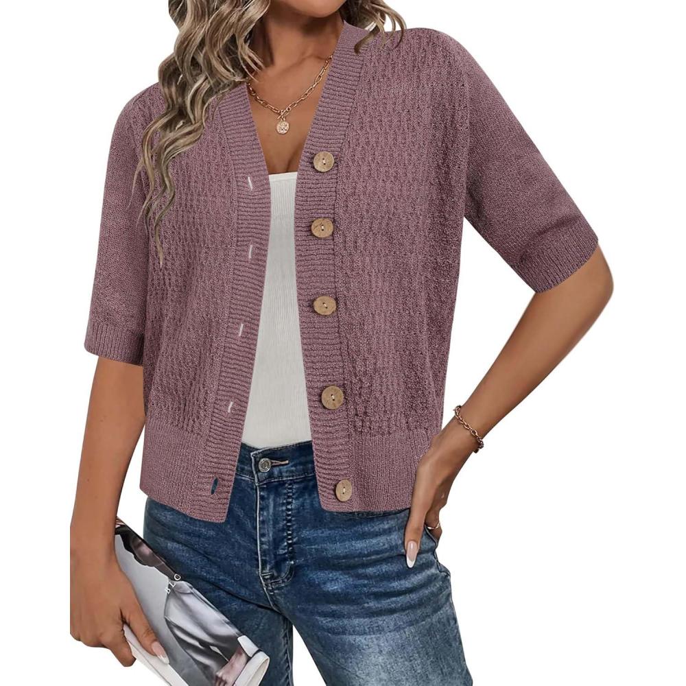 imageArachampampCloz Womens Lightweight Cardigan Short Sleeve Shrugs Button Crochet Knit Fashion Sweaters Tops Cozy CloudsGrey Purple