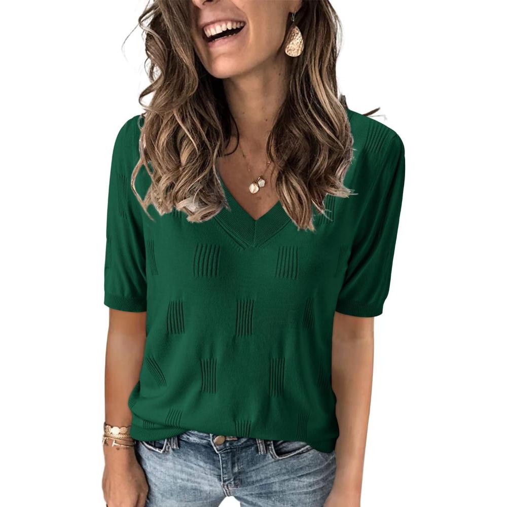 imageArachampampCloz Womens Lightweight Fall Sweater Tops Casual Short Sleeve Blouses ShirtsAzgreen 02