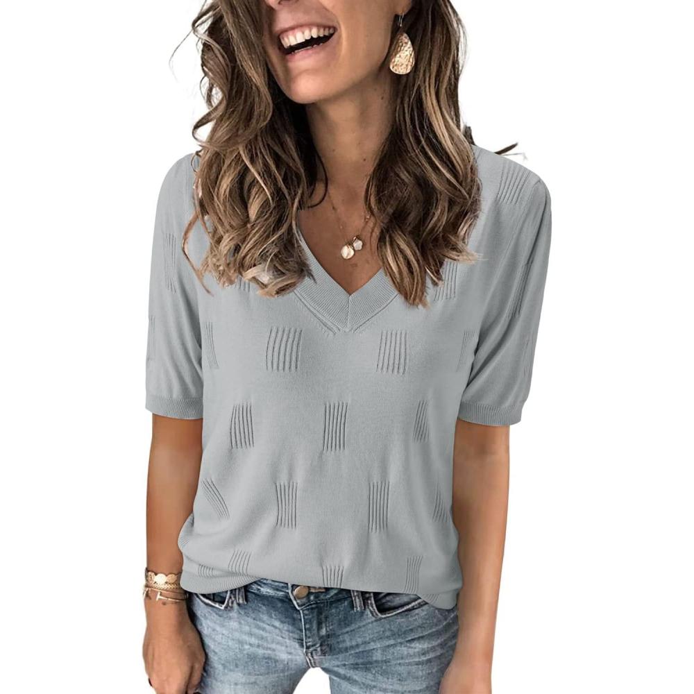 imageArachampampCloz Womens Lightweight Fall Sweater Tops Casual Short Sleeve Blouses ShirtsAzlight Grey