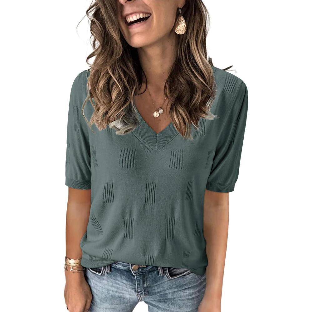imageArachampampCloz Womens Lightweight Fall Sweater Tops Casual Short Sleeve Blouses ShirtsGrey Green