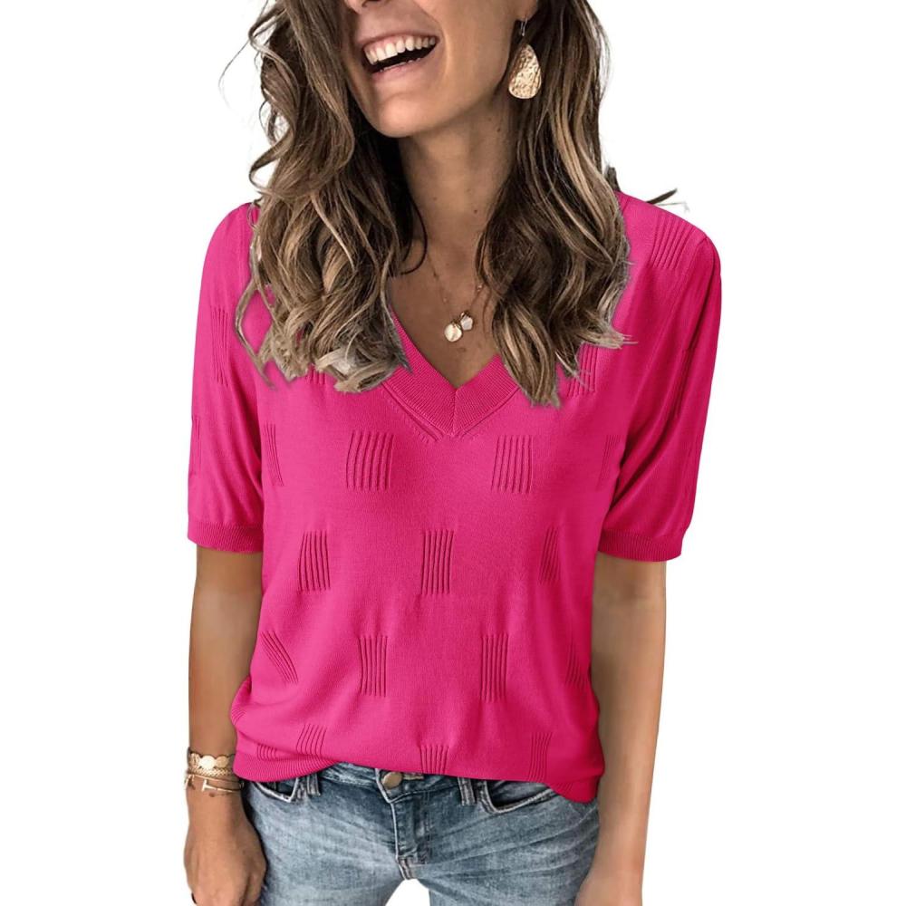 imageArachampampCloz Womens Lightweight Fall Sweater Tops Casual Short Sleeve Blouses ShirtsHot Pink