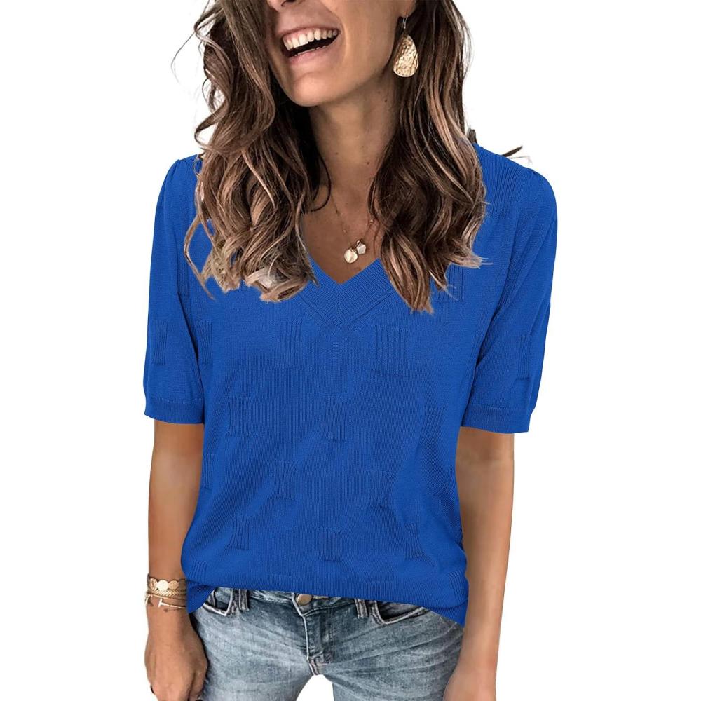 imageArachampampCloz Womens Lightweight Fall Sweater Tops Casual Short Sleeve Blouses ShirtsRoyal Blue