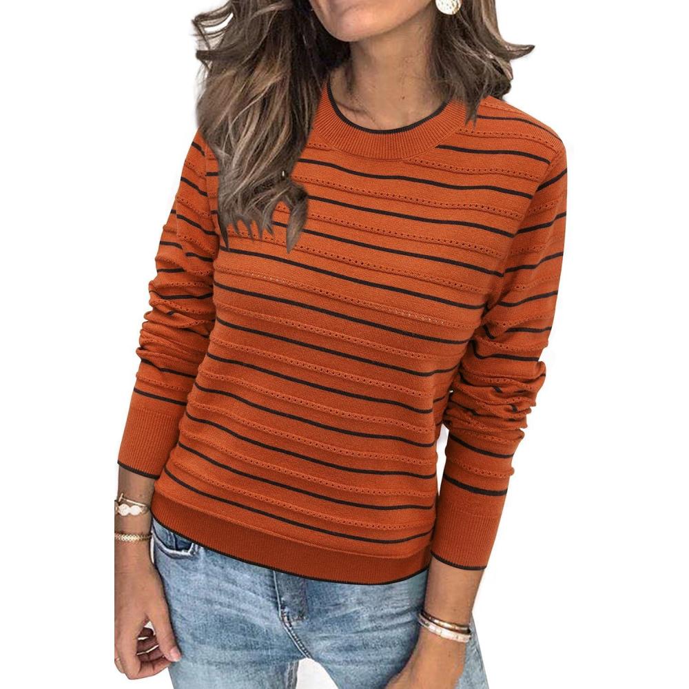 imageArachampampCloz Womens Soft Knit Sweater Fall Dressy Casual Pullover TopsStriped Pumpkin Black