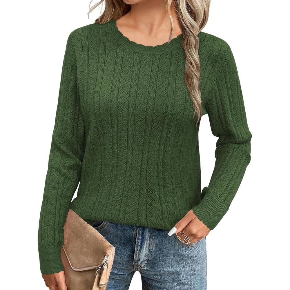 imageArachampampCloz Womens Summer Fall Scalloped Lace Cuff Crewneck Tops Textured ShirtsBamry Green