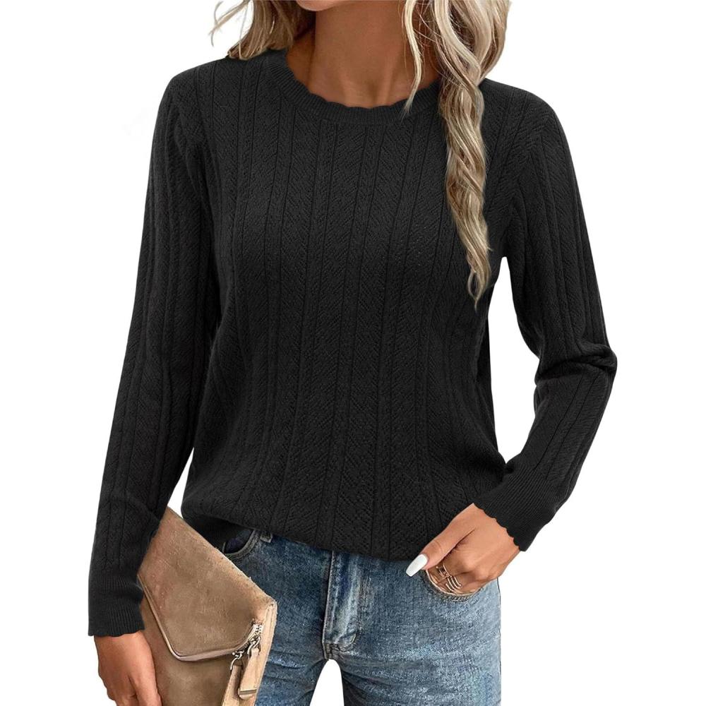 imageArachampampCloz Womens Summer Fall Scalloped Lace Cuff Crewneck Tops Textured ShirtsBblack