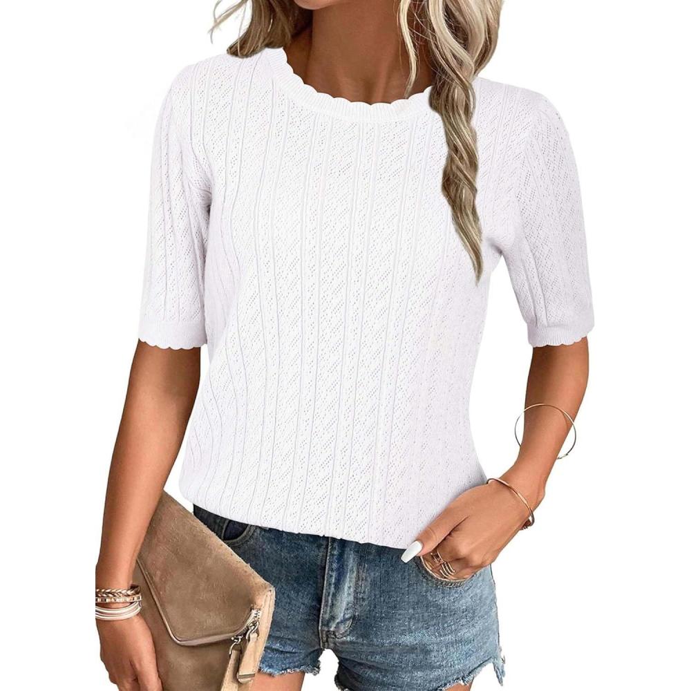 imageArachampampCloz Womens Summer Fall Scalloped Lace Cuff Crewneck Tops Textured ShirtsBeige