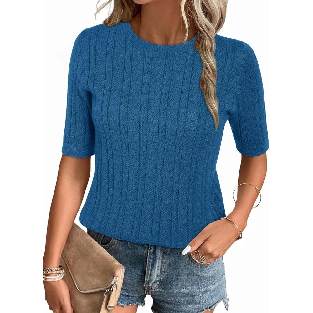 imageArachampampCloz Womens Summer Fall Scalloped Lace Cuff Crewneck Tops Textured ShirtsBlue