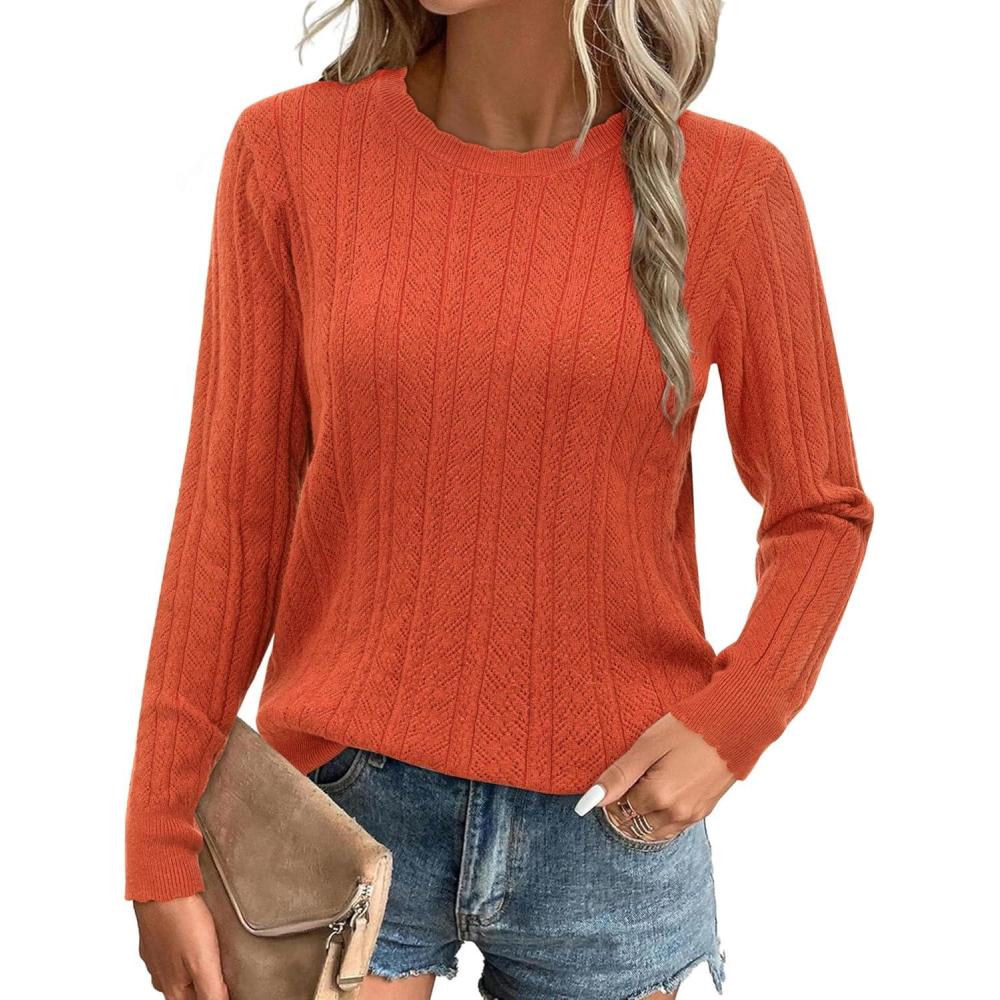 imageArachampampCloz Womens Summer Fall Scalloped Lace Cuff Crewneck Tops Textured ShirtsBrust Orange