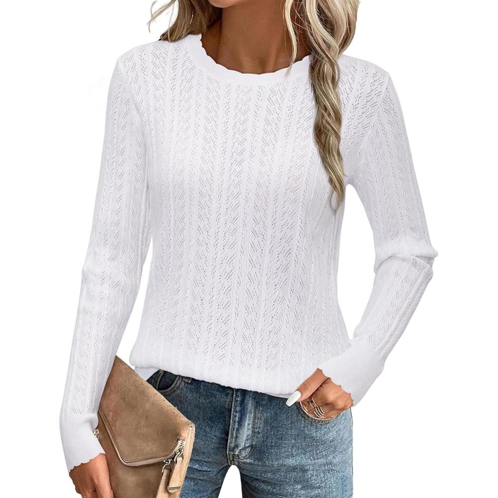 imageArachampampCloz Womens Summer Fall Scalloped Lace Cuff Crewneck Tops Textured ShirtsBwhite