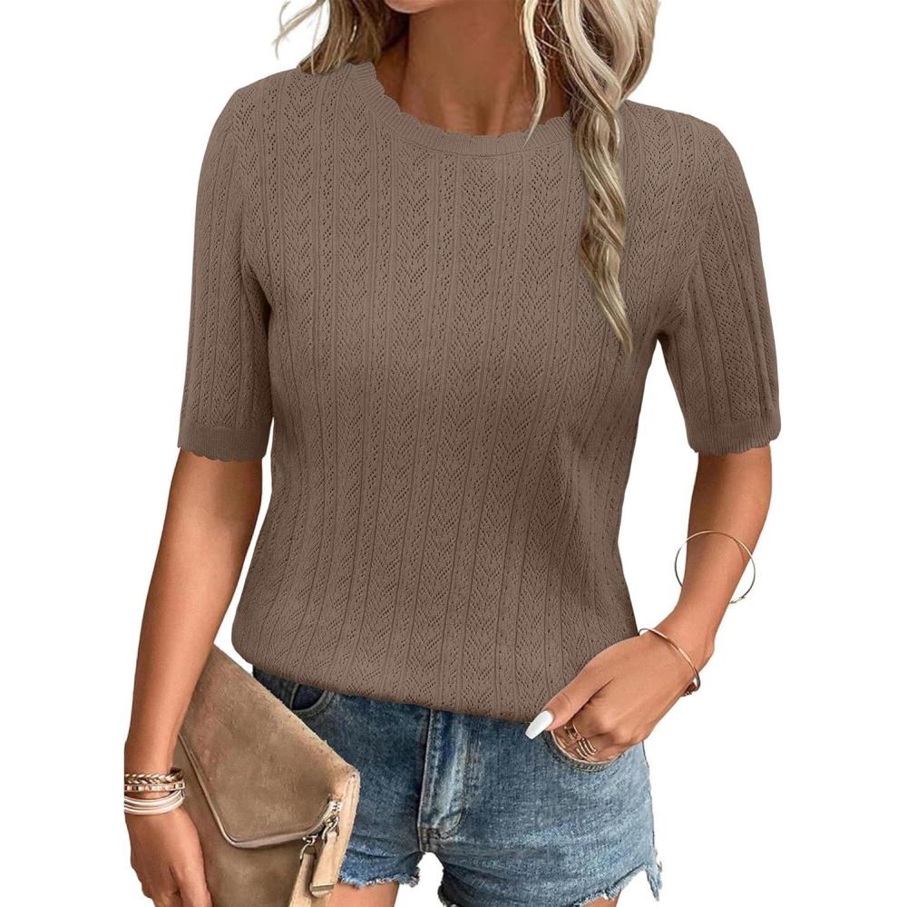 imageArachampampCloz Womens Summer Fall Scalloped Lace Cuff Crewneck Tops Textured ShirtsCoffee