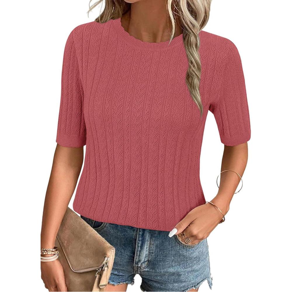 imageArachampampCloz Womens Summer Fall Scalloped Lace Cuff Crewneck Tops Textured ShirtsDusty Red