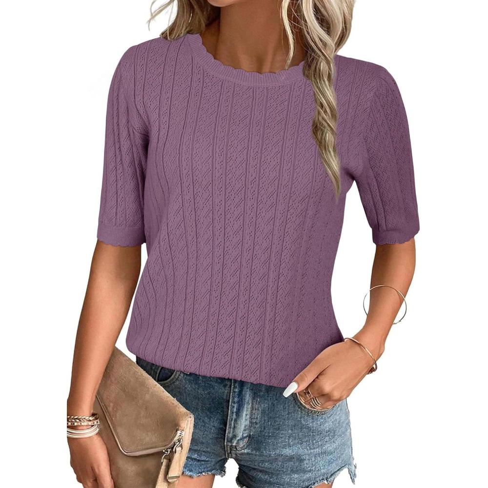 imageArachampampCloz Womens Summer Fall Scalloped Lace Cuff Crewneck Tops Textured ShirtsGray Purple