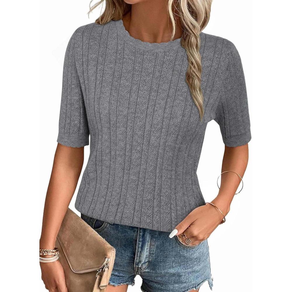 imageArachampampCloz Womens Summer Fall Scalloped Lace Cuff Crewneck Tops Textured ShirtsGrey