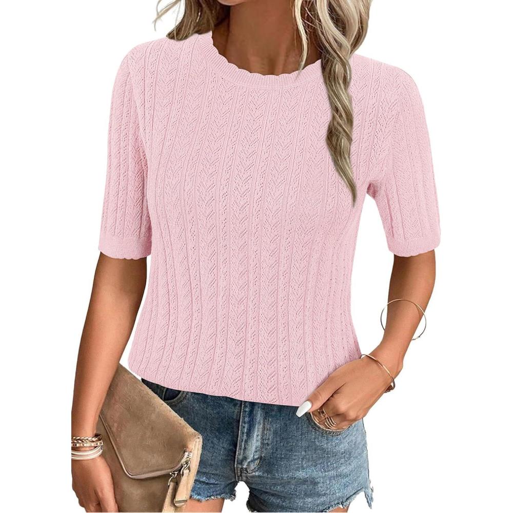 imageArachampampCloz Womens Summer Fall Scalloped Lace Cuff Crewneck Tops Textured ShirtsPink 02