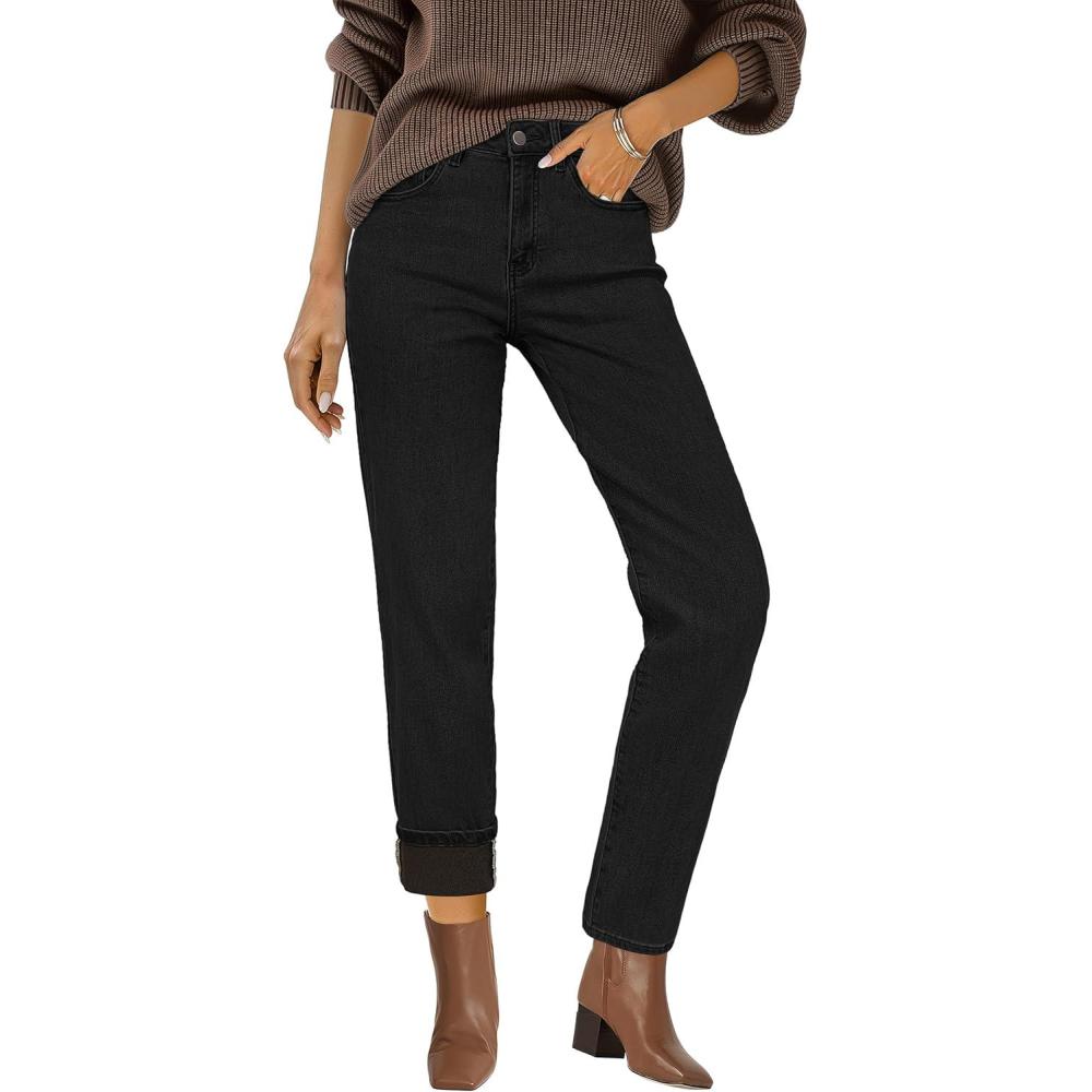 imageArachampampCloz Womens Thin Fleece Lined Jeans High Waisted Stretch Warm Straight Leg Pants 2025Black