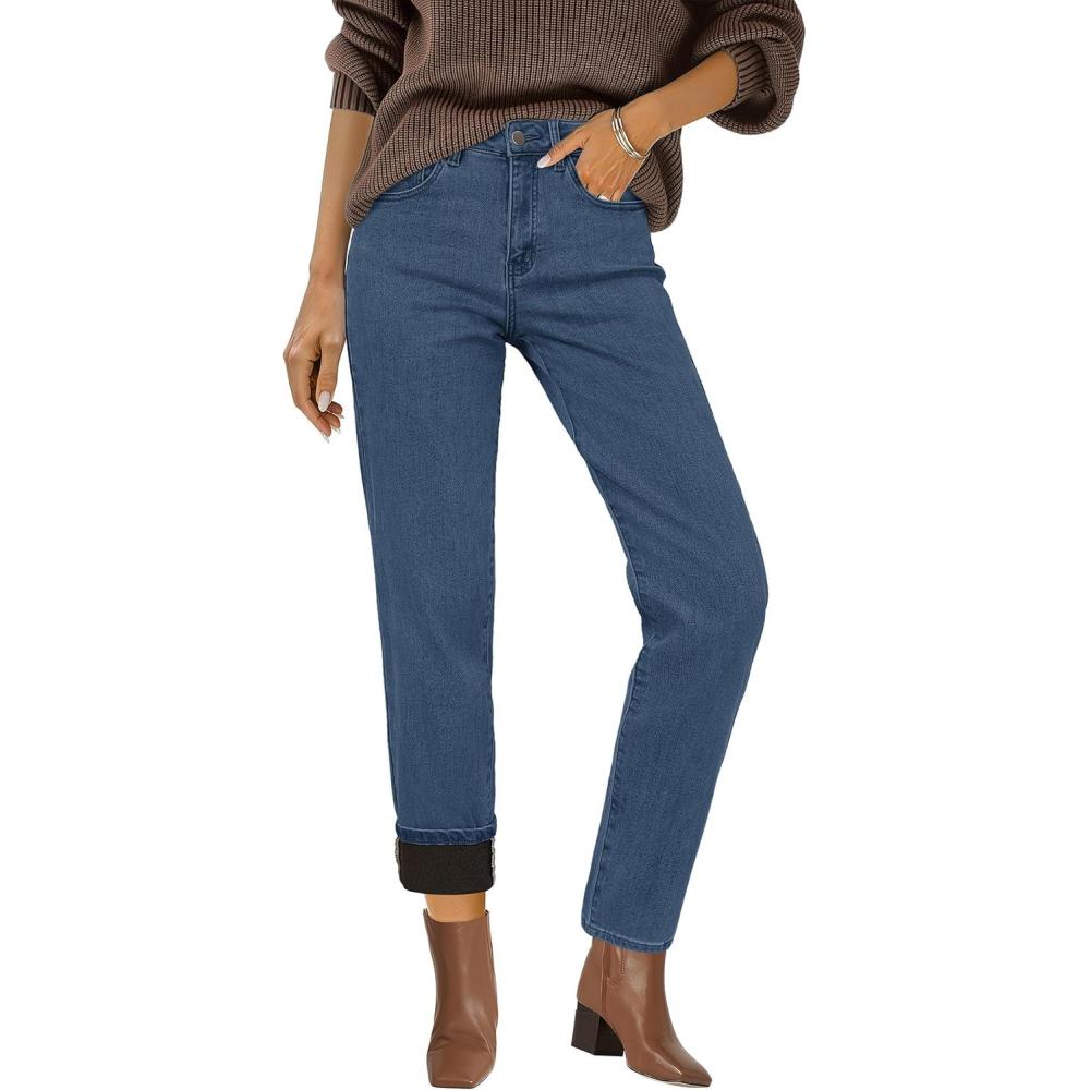 imageArachampampCloz Womens Thin Fleece Lined Jeans High Waisted Stretch Warm Straight Leg Pants 2025Blue