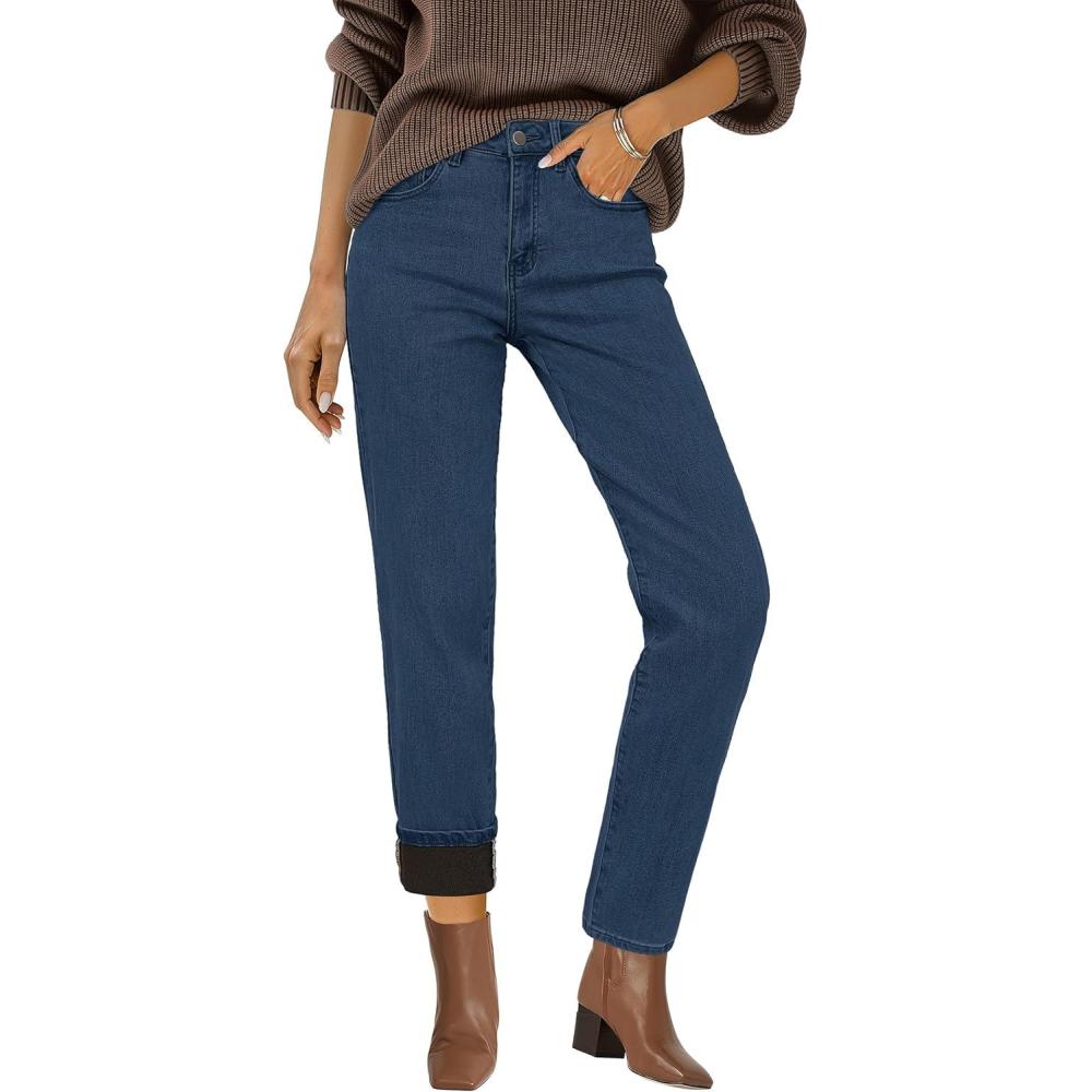 imageArachampampCloz Womens Thin Fleece Lined Jeans High Waisted Stretch Warm Straight Leg Pants 2025Dark Blue