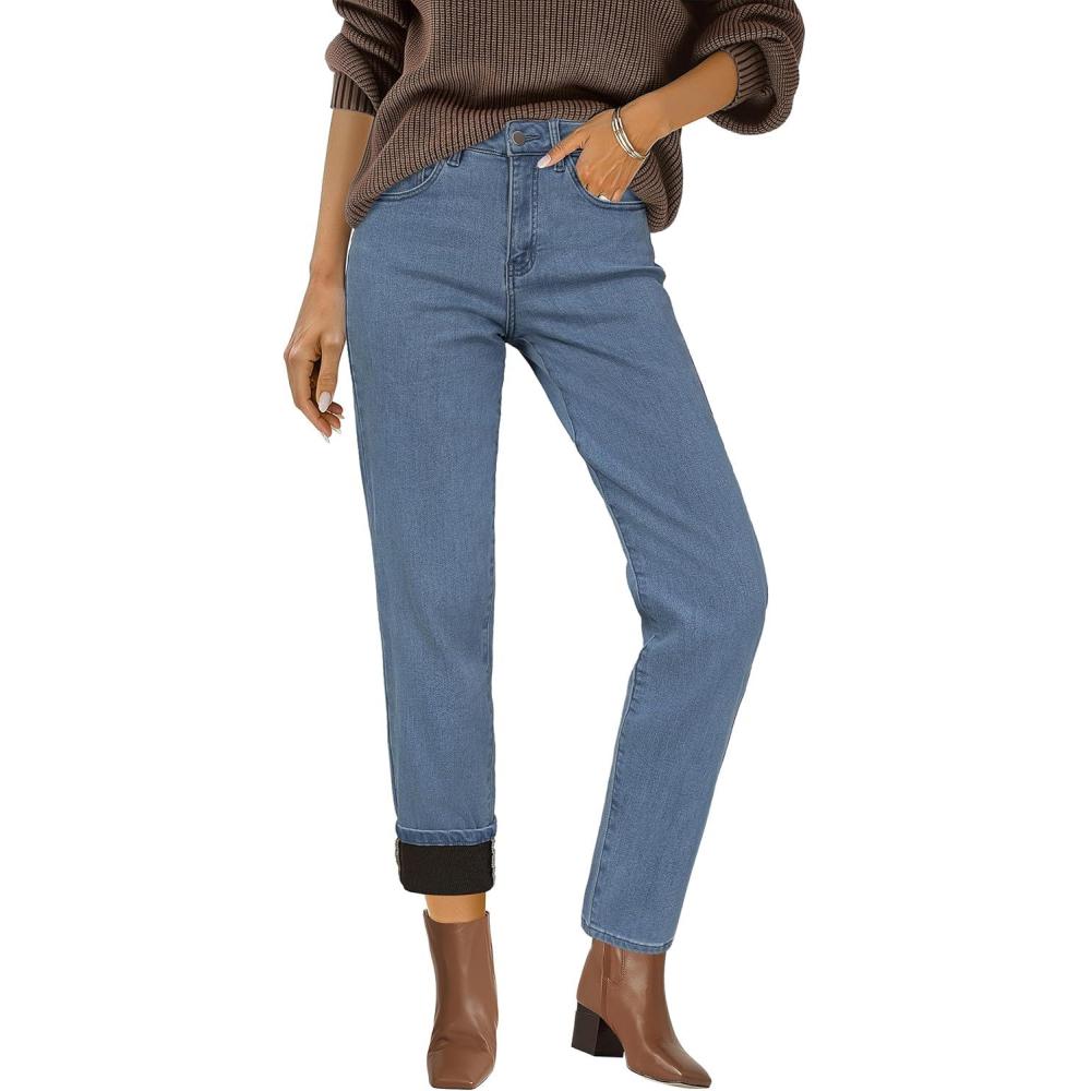 imageArachampampCloz Womens Thin Fleece Lined Jeans High Waisted Stretch Warm Straight Leg Pants 2025Light Blue