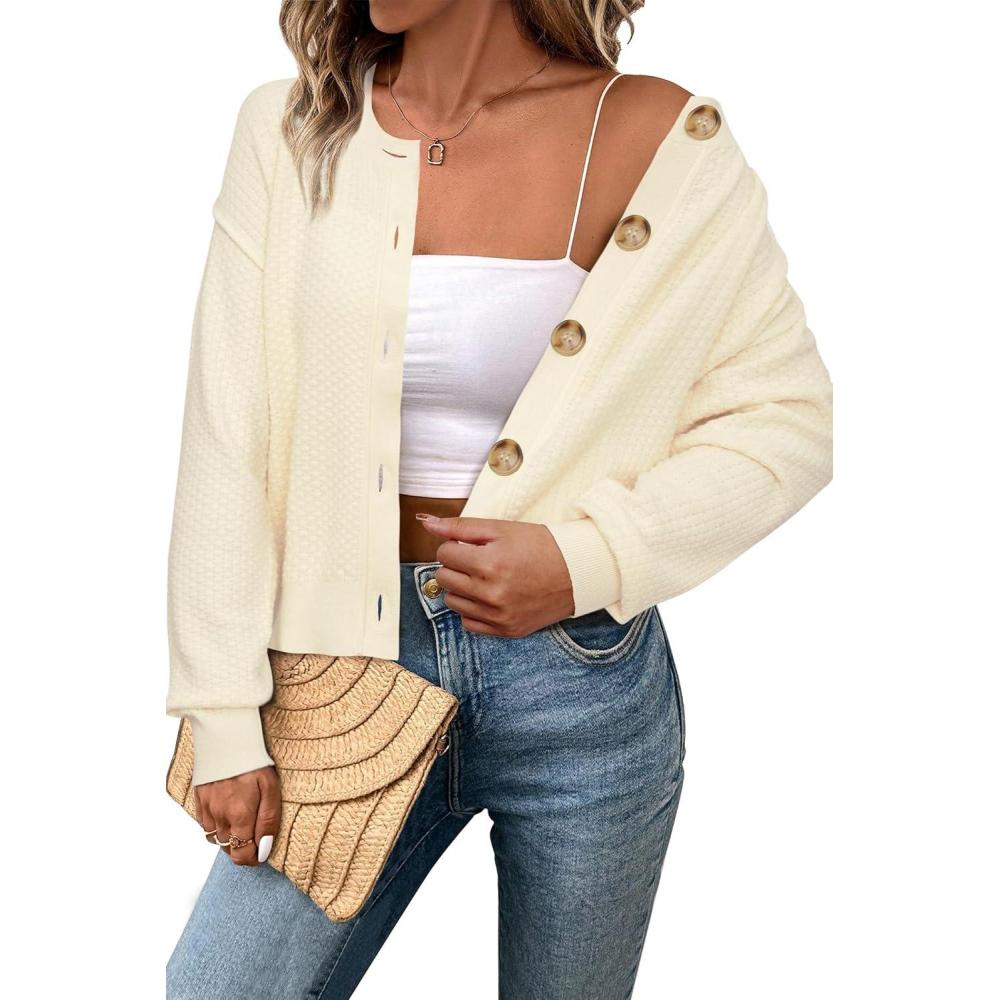 imageArachampampCloz Womens Waffle Cropped Cardigan Ultra Stretchy 2025 Spring Soft Chunky Button Business Casual SweatersApricot